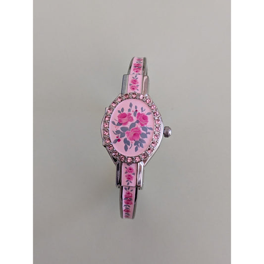 Vintage Andre Mouche Silver Tone Peek A Boo Bangle Watch, Pink Enamel Floral