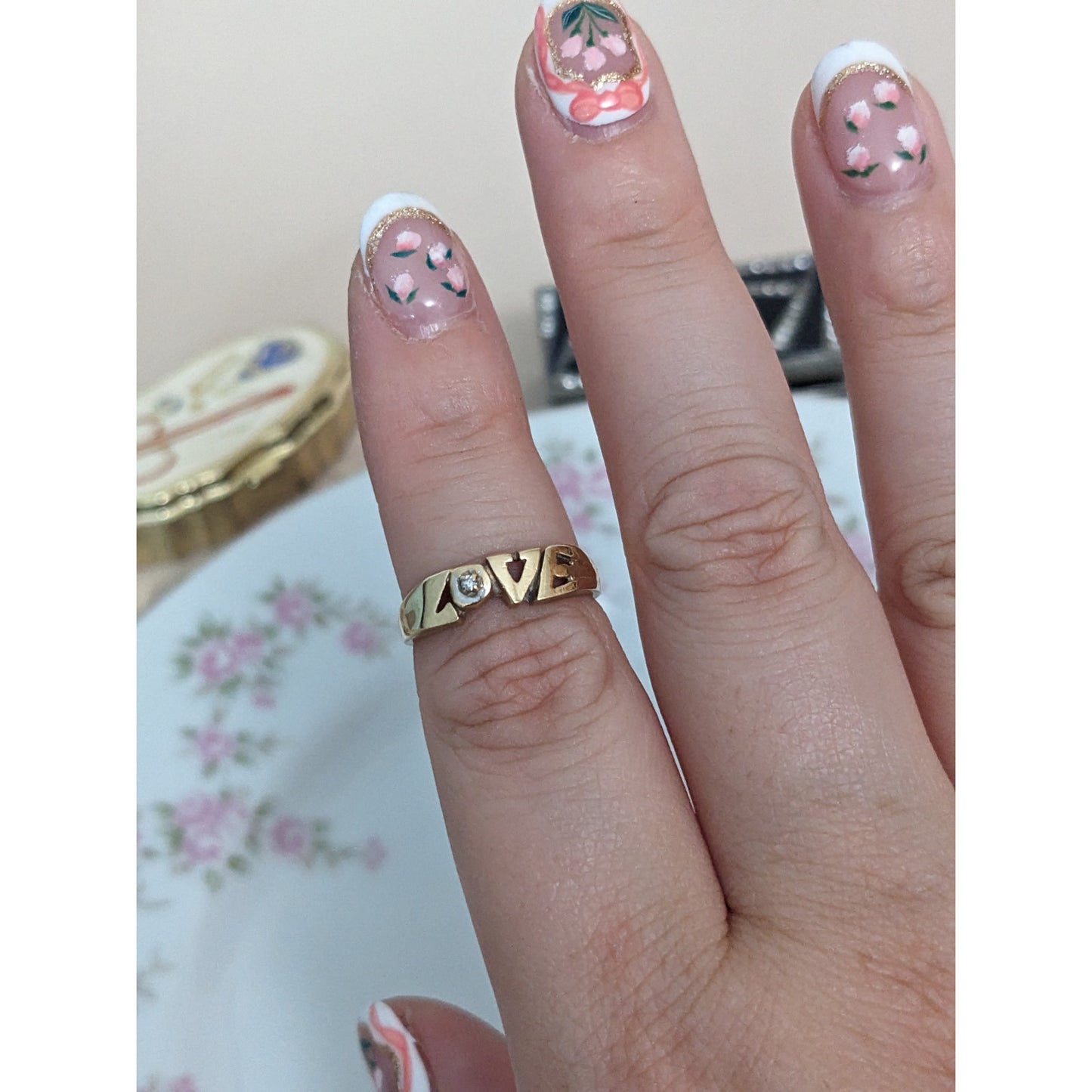 Vintage 14k Yellow Gold "LOVE" Dainty Diamond Accent Ring Size 4.5 US