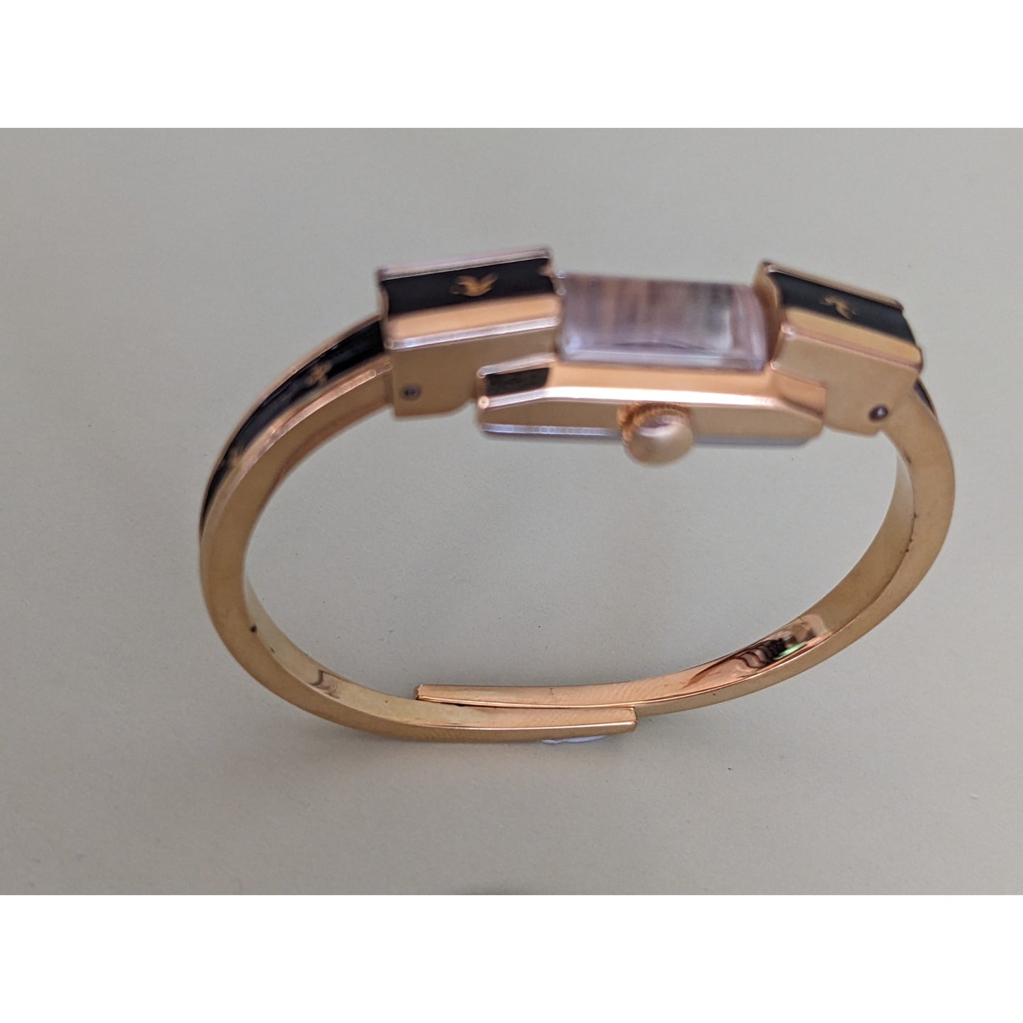 Vintage Ritma Manual Gold Tone Bangle Watch Black Enamel and Birds