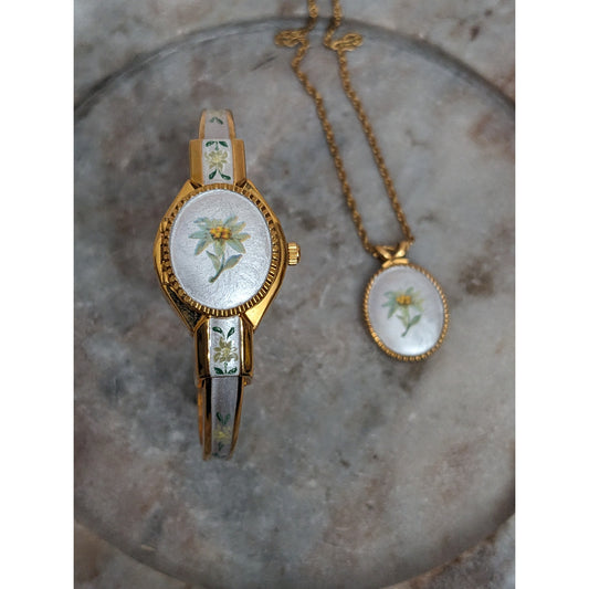Vintage Andre Mouche Gold Tone Peekaboo Watch and Necklace Set Silver Enamel