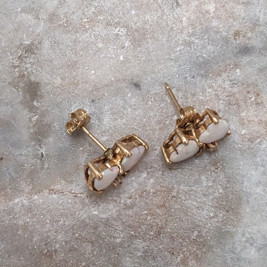 Vintage 14k Yellow Gold Double Opal Hears Stud Earrings
