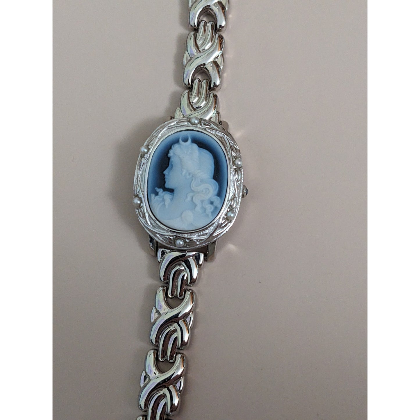 Vintage Andre Mouche Silver Tone Bangle Watch with Blue Floral Enamel Working