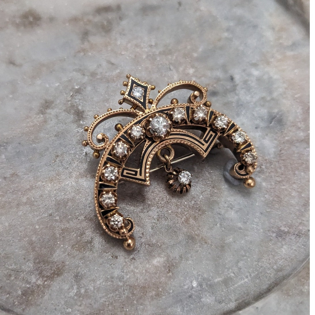 Antique Unmarked 14k Black Enamel & Diamond Crescent Moon Brooch