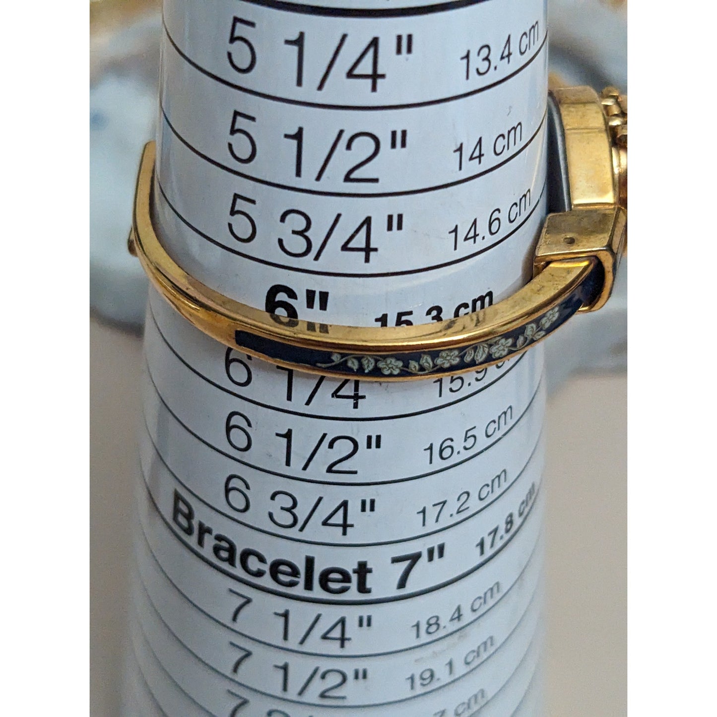 Vintage Andre Mouche Gold Tone Bangle Watch with Deep Blue Floral Enamel Working